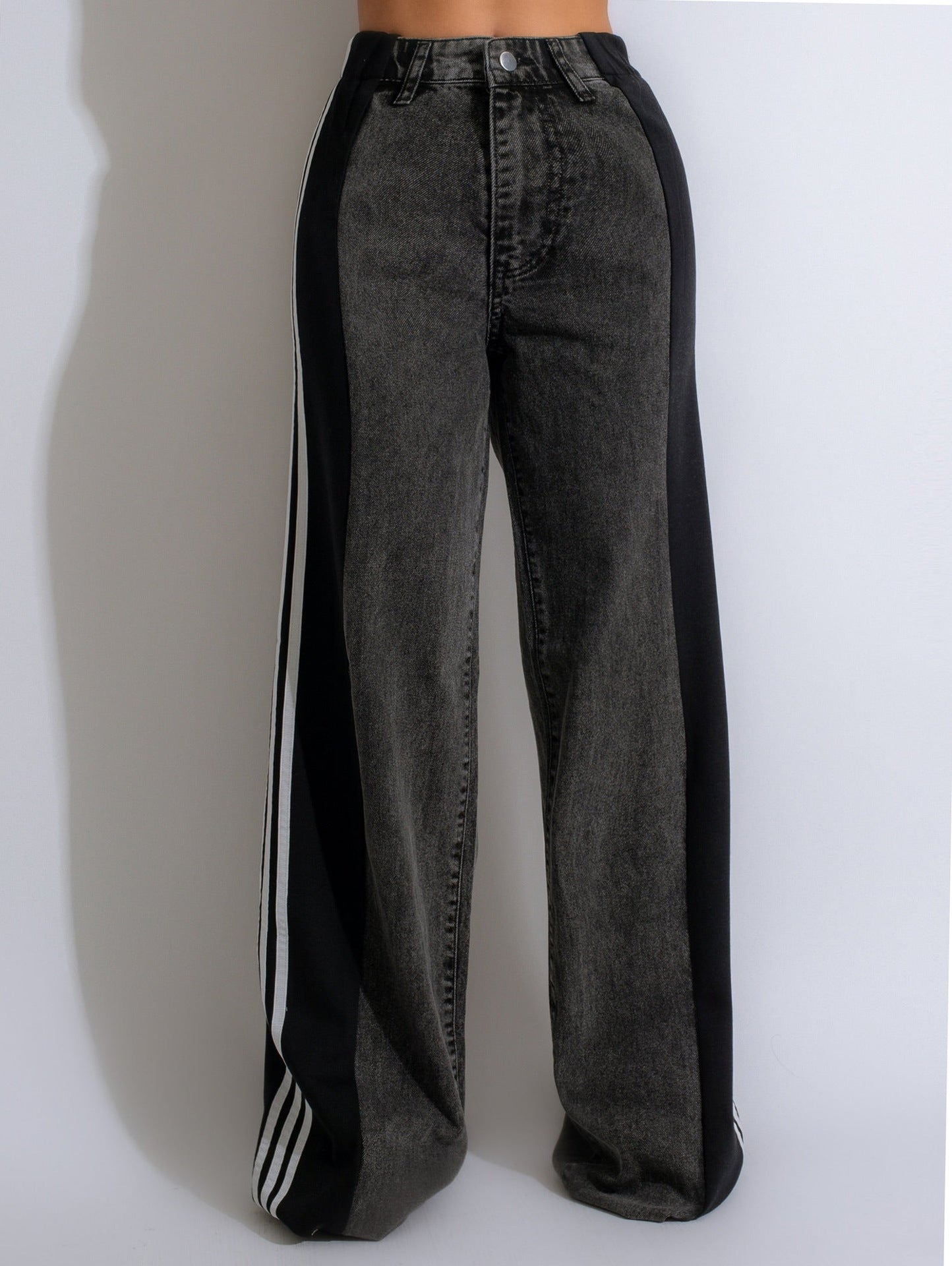 Stylish High Waist Elastic Baggy Pant -  Three Stripe Patchwork Denim Wide Leg Pants Streetwear