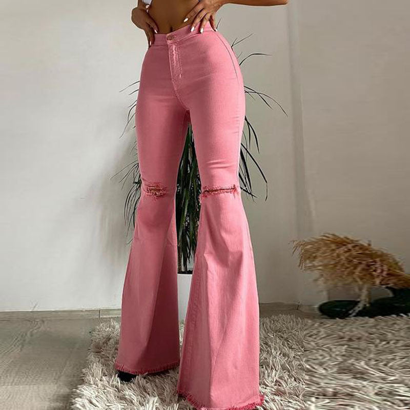Colored Stretchy Denim Trousers -  Ripped Frayed Flared Trousers