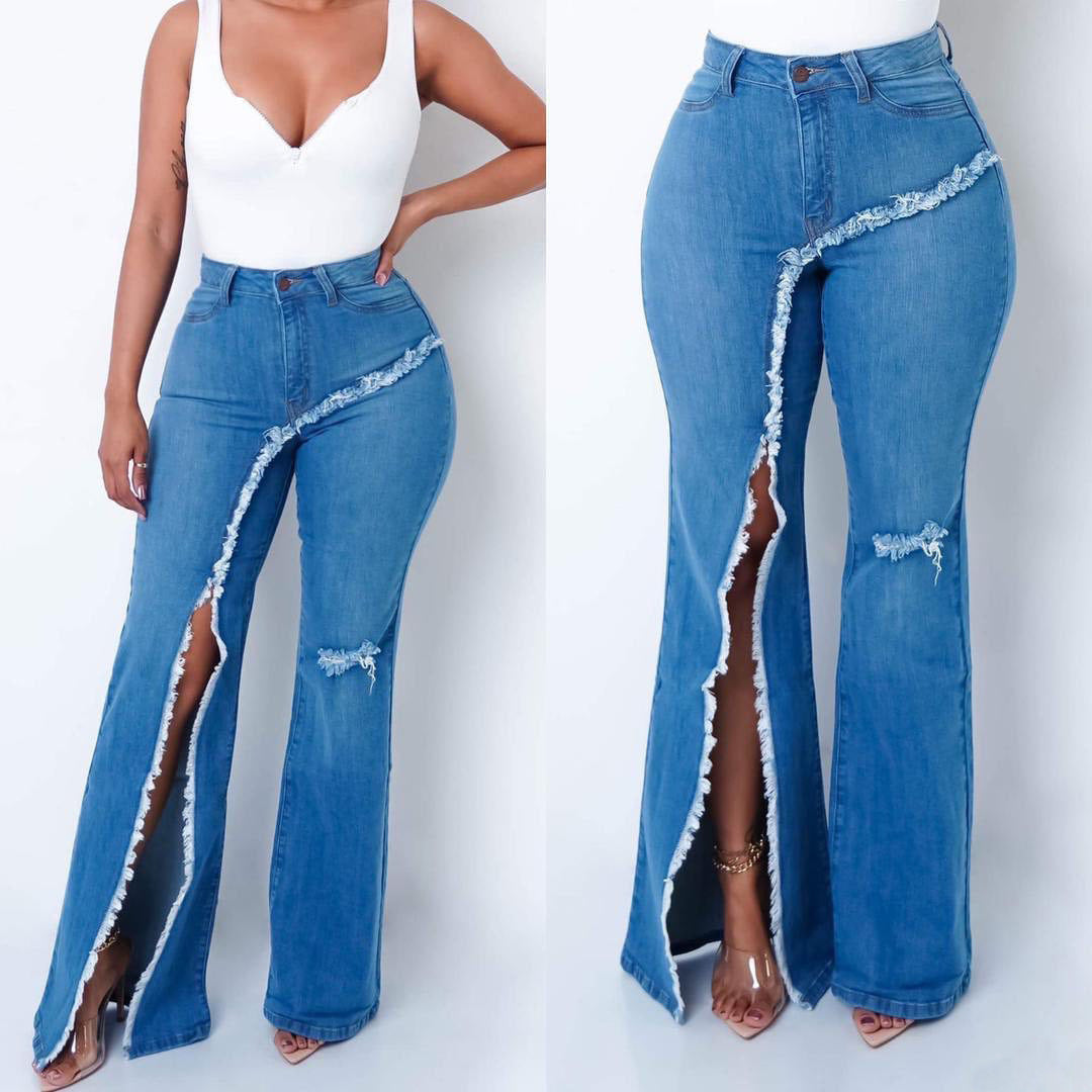 New Style Elastic Ripped Flared Pants Jeans
