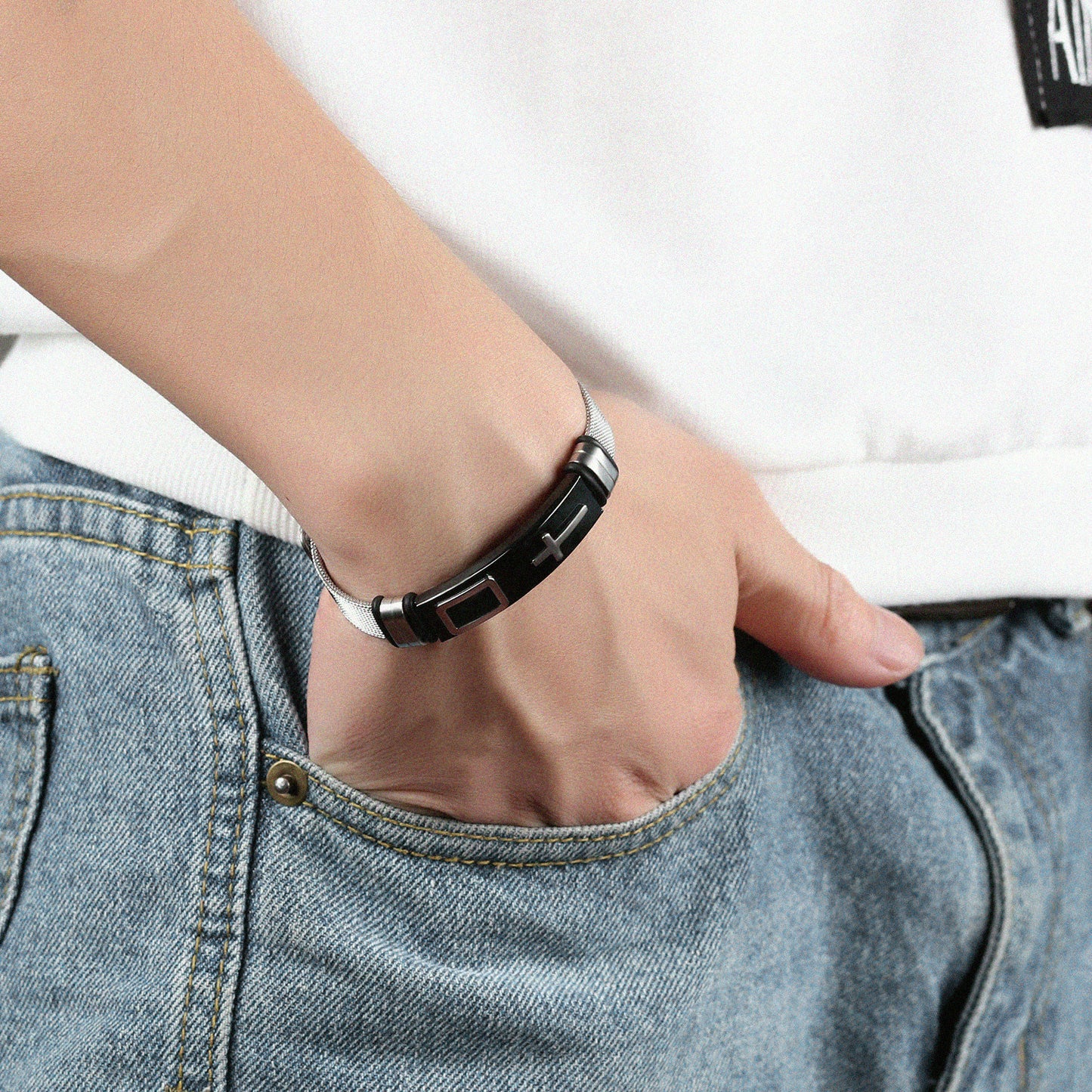Steel Mesh Bracelet-  Gold Cross Titanium Steel Men's Personality Bracelet