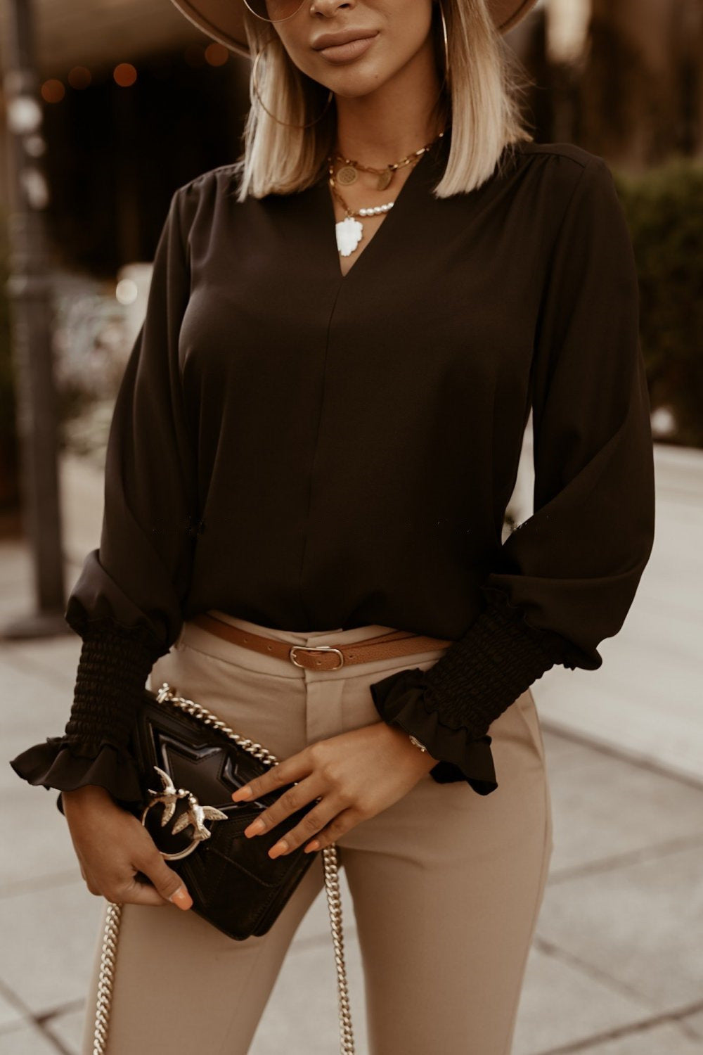 Simple Cuffs Embellished V-Neck Women Shirt