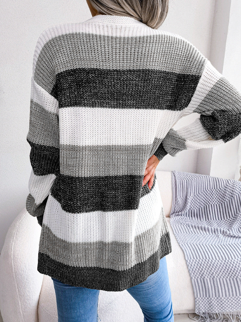 Plaid Women Casual Lantern Sleeves Cardigan - Jacket Outerwear Clothes