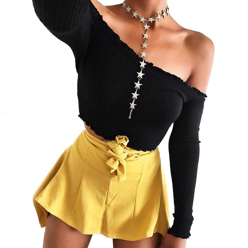 Sexy Off Shoulder Crop Long Sleeve Top - Black Red Crochet Women Brandy Elegant Short Tank Crop Tops Bustier