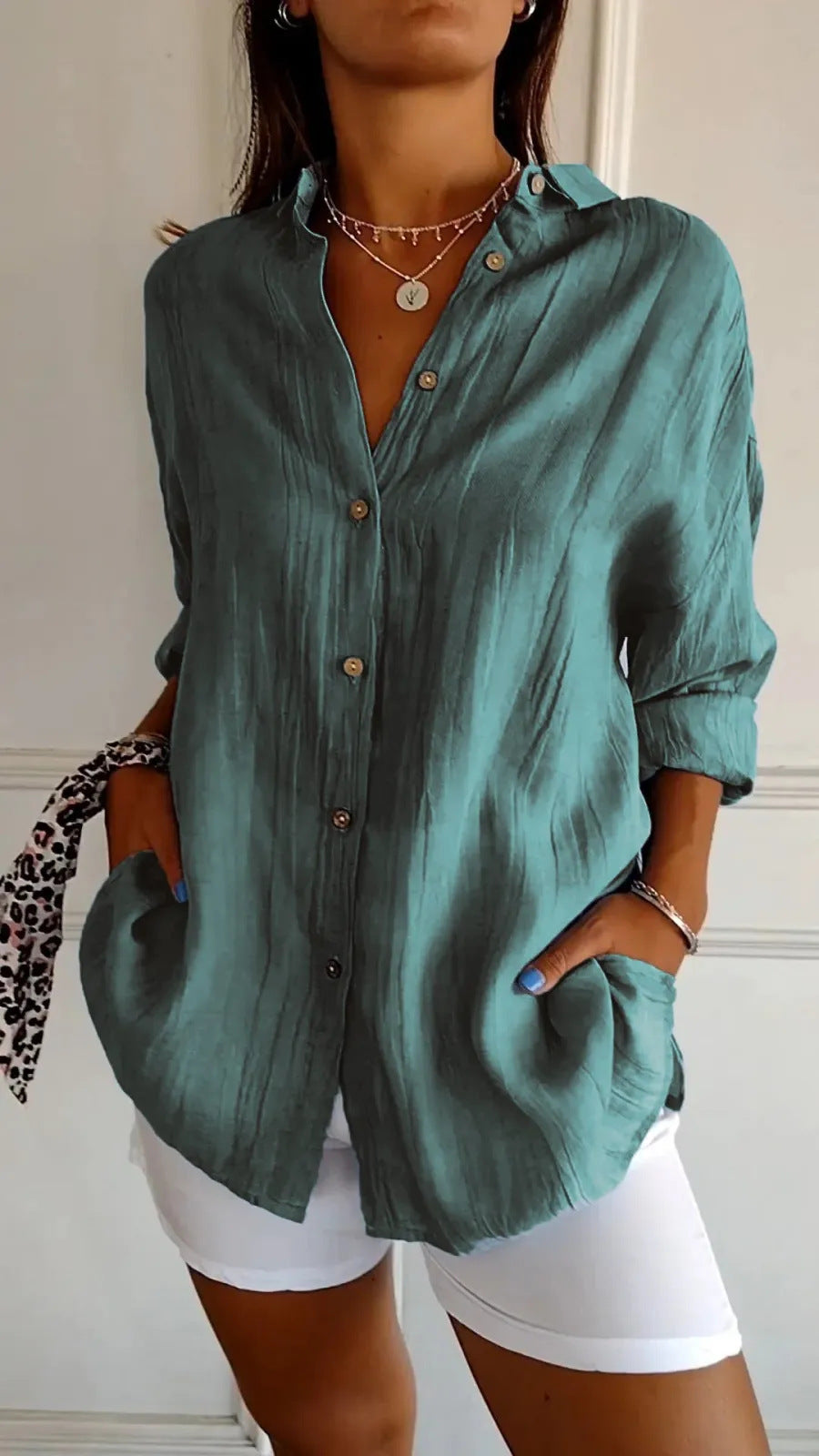 Lapel Long Sleeve Shirt - Women's Single-breasted Pleated Shirt