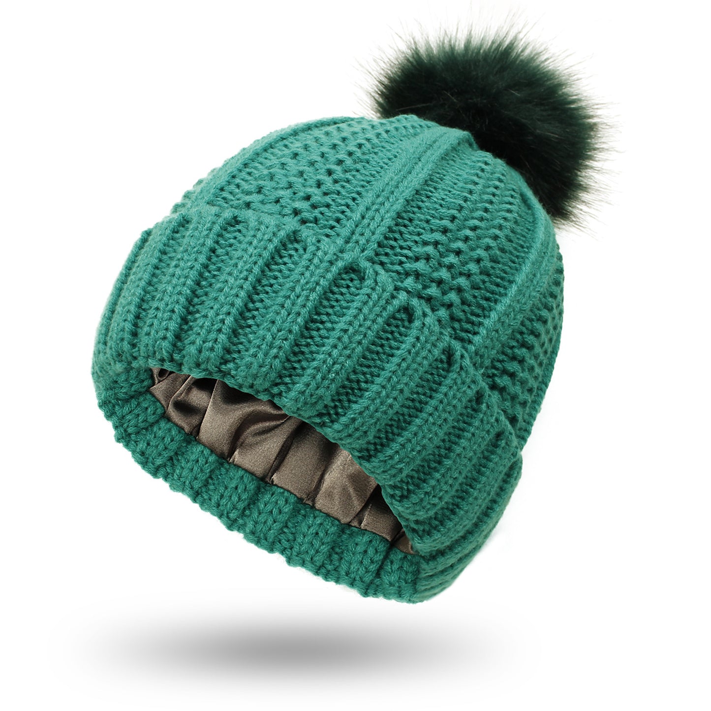 Fashion Stretchy Satin Lined Skull Knit Hats Beanie Hat - For Women Faux Fur Pom Pom Hat Beanie Hat