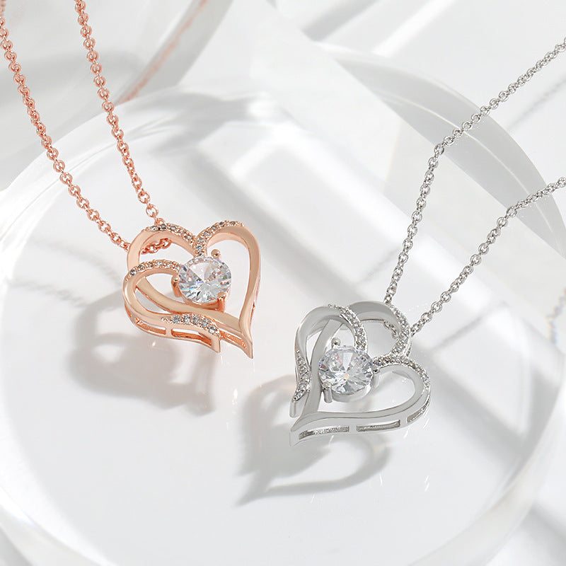 ✨ Double Heart Zircon Necklace – Sparkle with Love & Elegance ✨Zircon Double Love Necklace With Rhinestones Ins Personalized Heart-shaped Necklace Clavicle Chain Jewelry For Women Valentine's Day Love Necklace - JumoShop