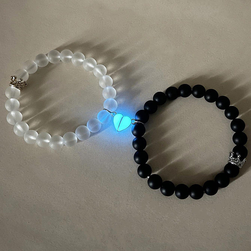 2pcs Handmade Crown Beaded Charms Bracelet - Luminous Heart Glow In The Dark Couple Bracelet For Lover Men Women Fluorescent Gift