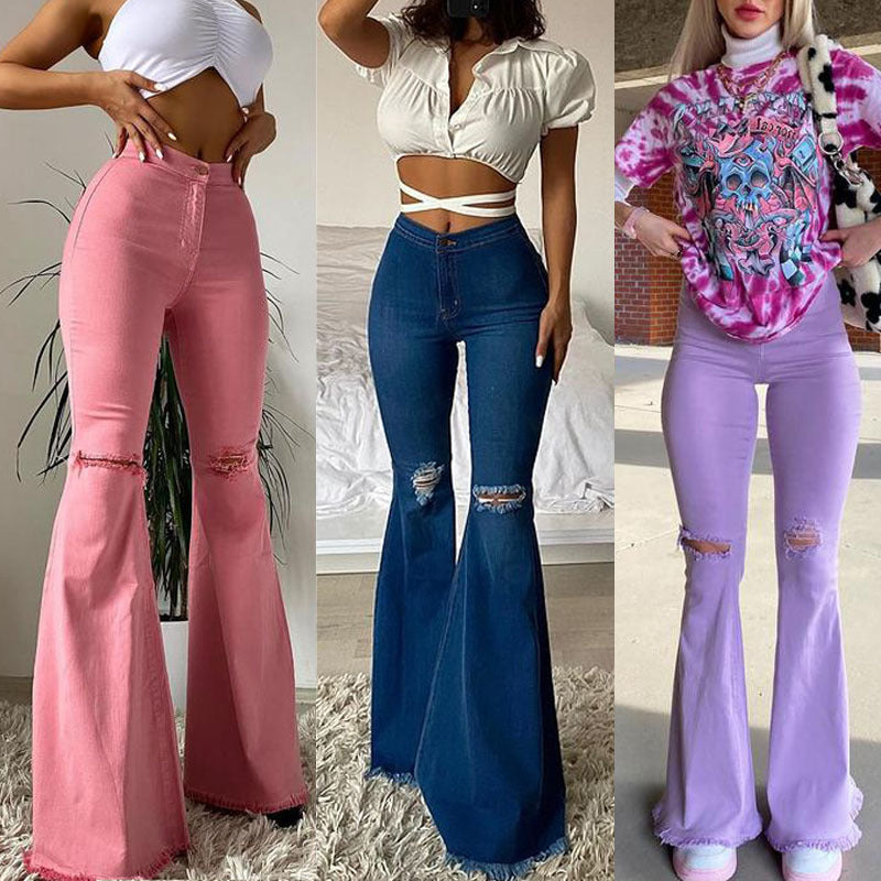 Colored Stretchy Denim Trousers -  Ripped Frayed Flared Trousers