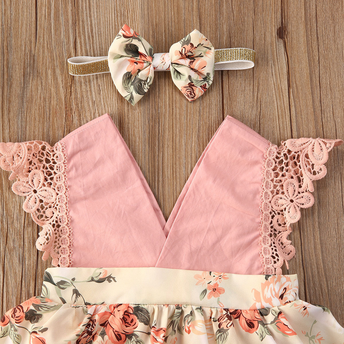 Baby Romper Floral Lace V Neck Sleeveless Dress - Jumpsuit Newborn Headband Kid Outfits Summer Clothing
