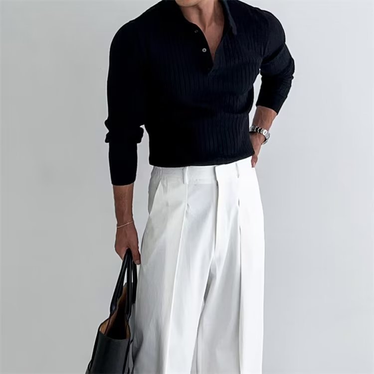 Lapel Button Long Sleeved Polo Shirt