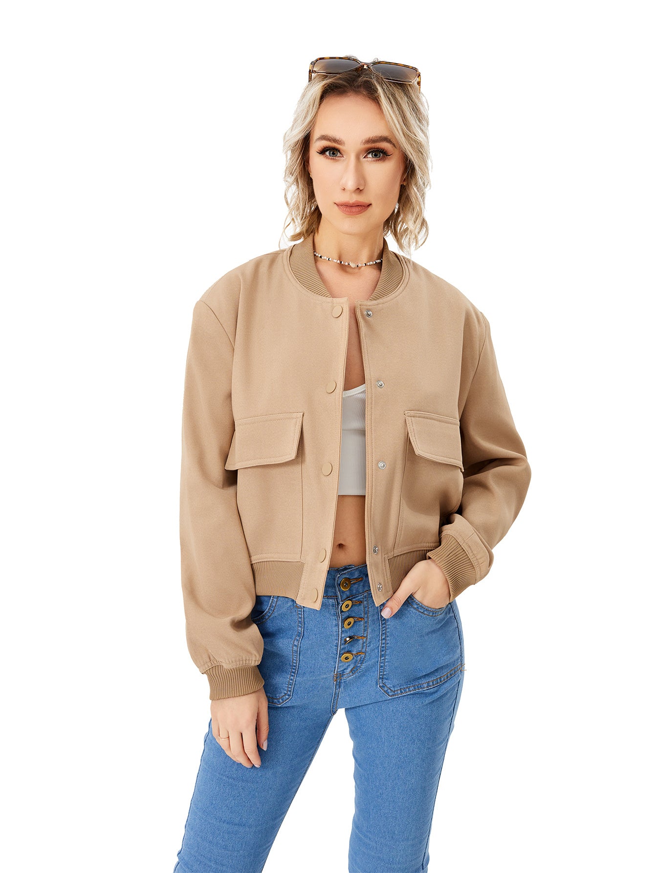 Lightweight Cropped Bomber Jacket - Casual Long Sleeve Varsity Jacket With Pocket Fashion Y2k Jacket Streetwear