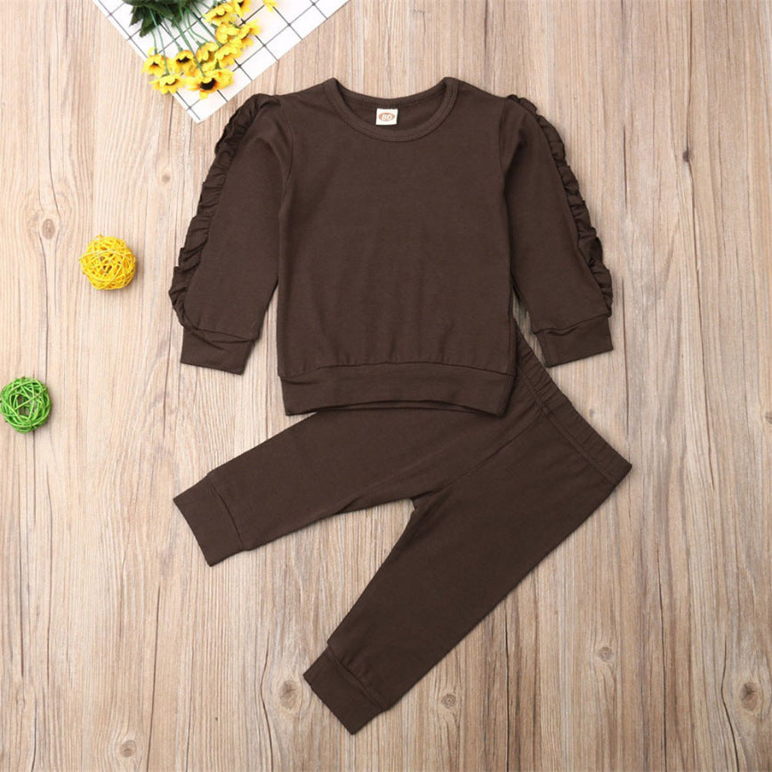 Adorable Ruffle Sleeve Baby Girl Outfit – Cozy & Stylish 2-Piece Set! Newborn Baby Boys Girls Ruffles Jumper Solid Long Sleeve Sweatshirt Tops Pants Infant Kids 2Pcs Outfits Clothes Set Fall Clothes - JumoShop
