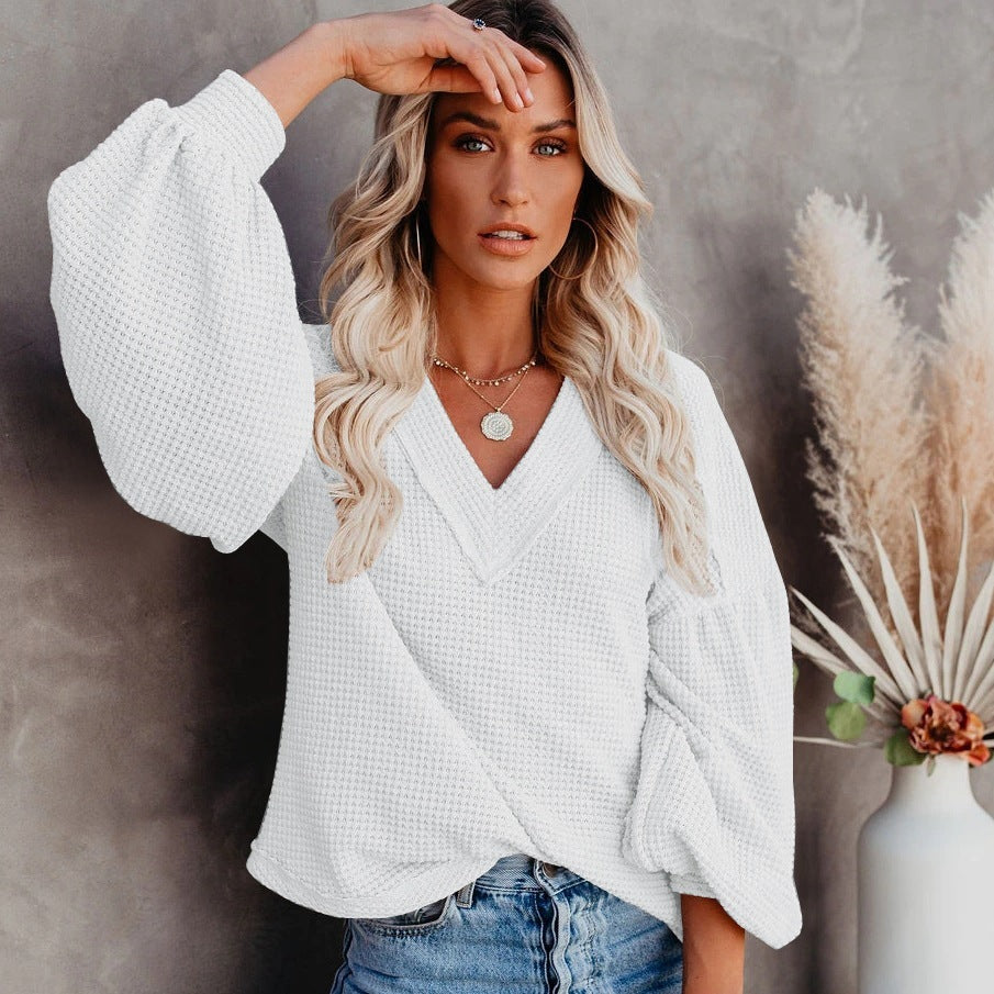 Fashion loose V-neck T-shirt - Lantern Sleeve Top
