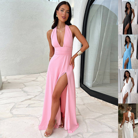 Sexy Halterneck V-neck Slit party Dress - Summer Backless Strappy Skirt Fashion Temperament Women Clothing