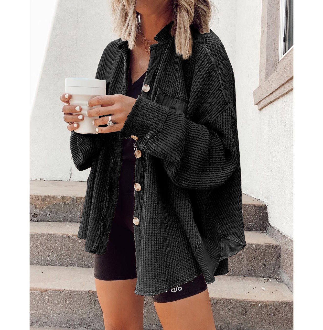 Women Button Shirt Jacket - Lapel Long Sleeve Fashion Jacket