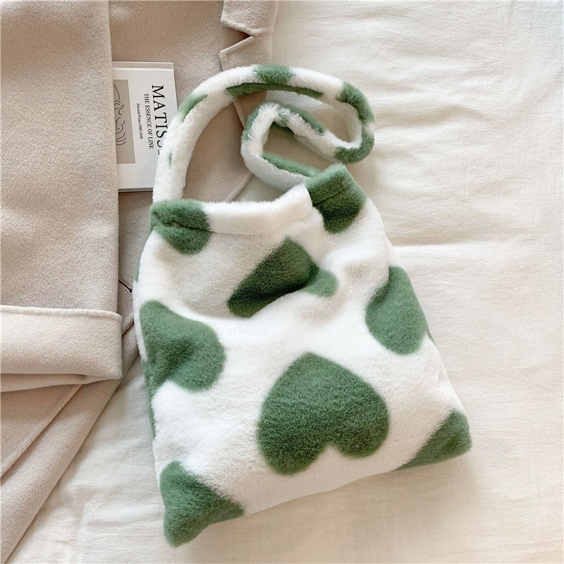 Love Heart Shoulder Bags - Winter Plush Shopping Bags For Women