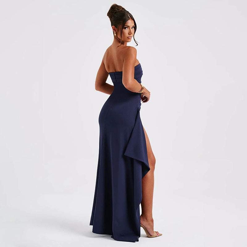Strapless Split Long Dress – Summer Pleated Bridesmaid & Party Dress for Women