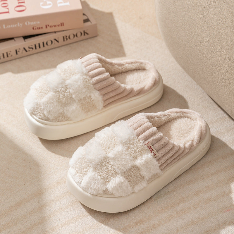 Plaid Plush Slippers - Women's Indoor Plush Home Slippers