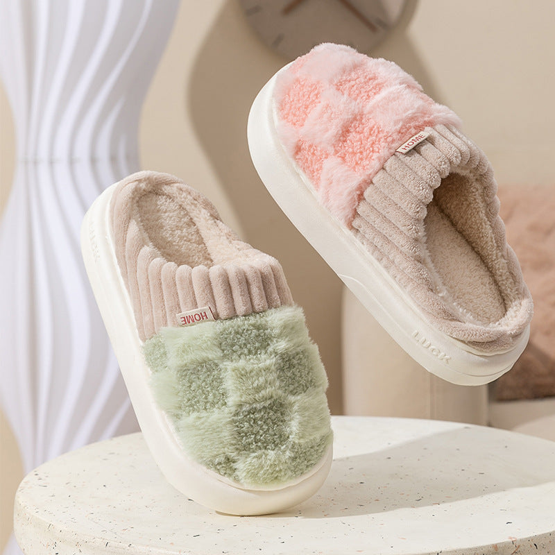 Plaid Plush Slippers - Women's Indoor Plush Home Slippers