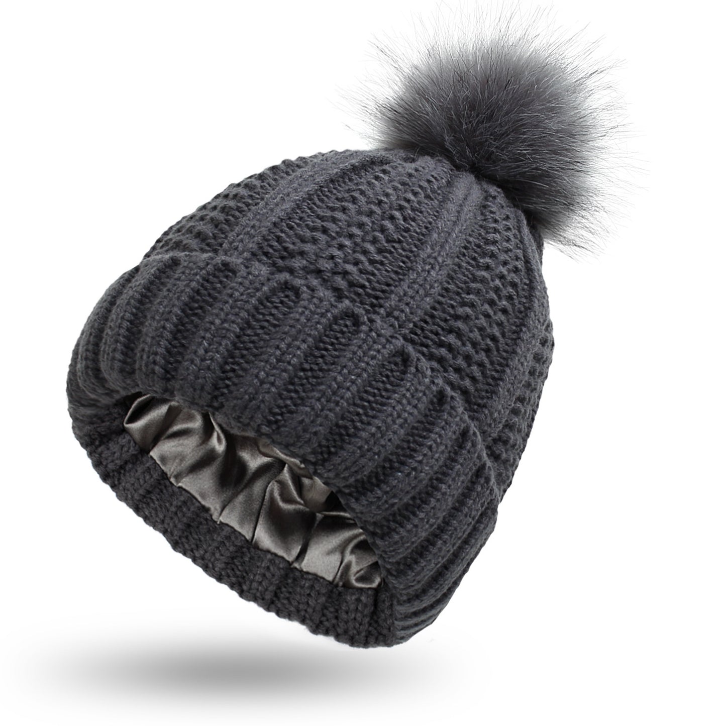 Fashion Stretchy Satin Lined Skull Knit Hats Beanie Hat - For Women Faux Fur Pom Pom Hat Beanie Hat