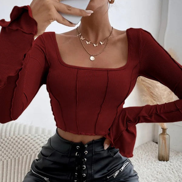 Ladies' Square Neck T-shirt - Fashionable Tight Fitting And Slimming Design, Slim Fit, Square Neck And Back Strap Design, T-shirt Top