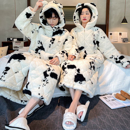 Men's Winter Quilted Cow Pajamas - Thick Coral Fleece Bathrobe Homewear Nightgown