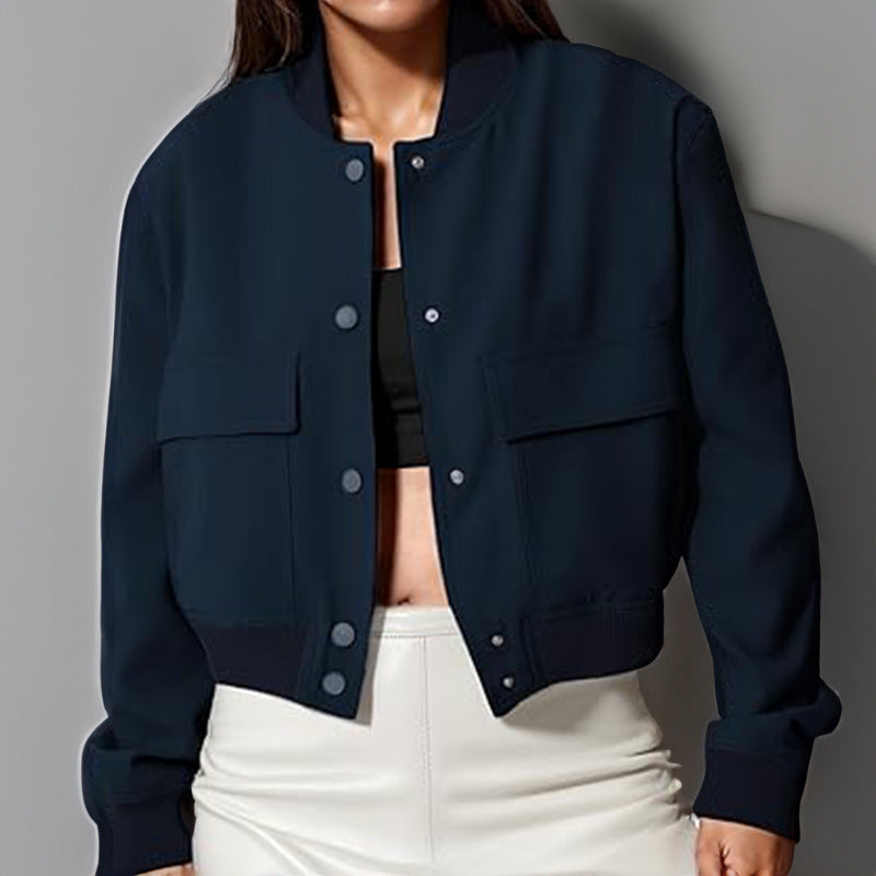 Stylish Stand-Collar Jacket – Trendy, Loose-Fit with Big Pockets!  Fashion Button Stand-collar Jacket With Big Pockets Casual Loose Short Outwear Tops Coat For Women Clothing - JumoShop