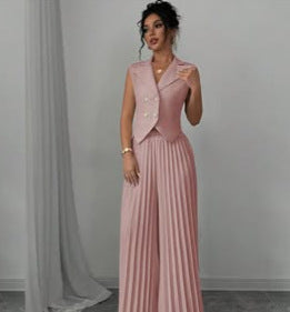 Summer Sleeveless Suit - Fashion Lapel Button Vest Top And Pleated Straight Pants Women's Trousers Set Clothing