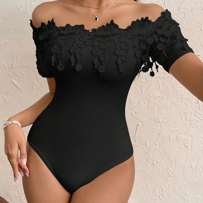 Sexy Lace design Body Suit - Women's Off Shoulder Short Sleeve Bodysuit Sexy Lace Bodycon Top