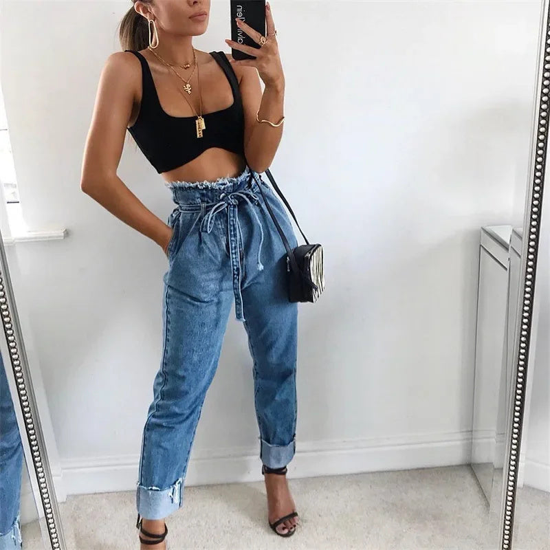 High-waisted Washed Pencil Jeans - Spring European And American Denim Jeans For Women