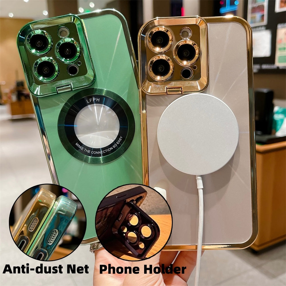 Electroplated Phone Case - Luxury Plating CD Pattern Magsafe Bracket Case For  12 13 14 Pro Max , Invisible Camera Stand Holder Lens Holder Magnetic Suction