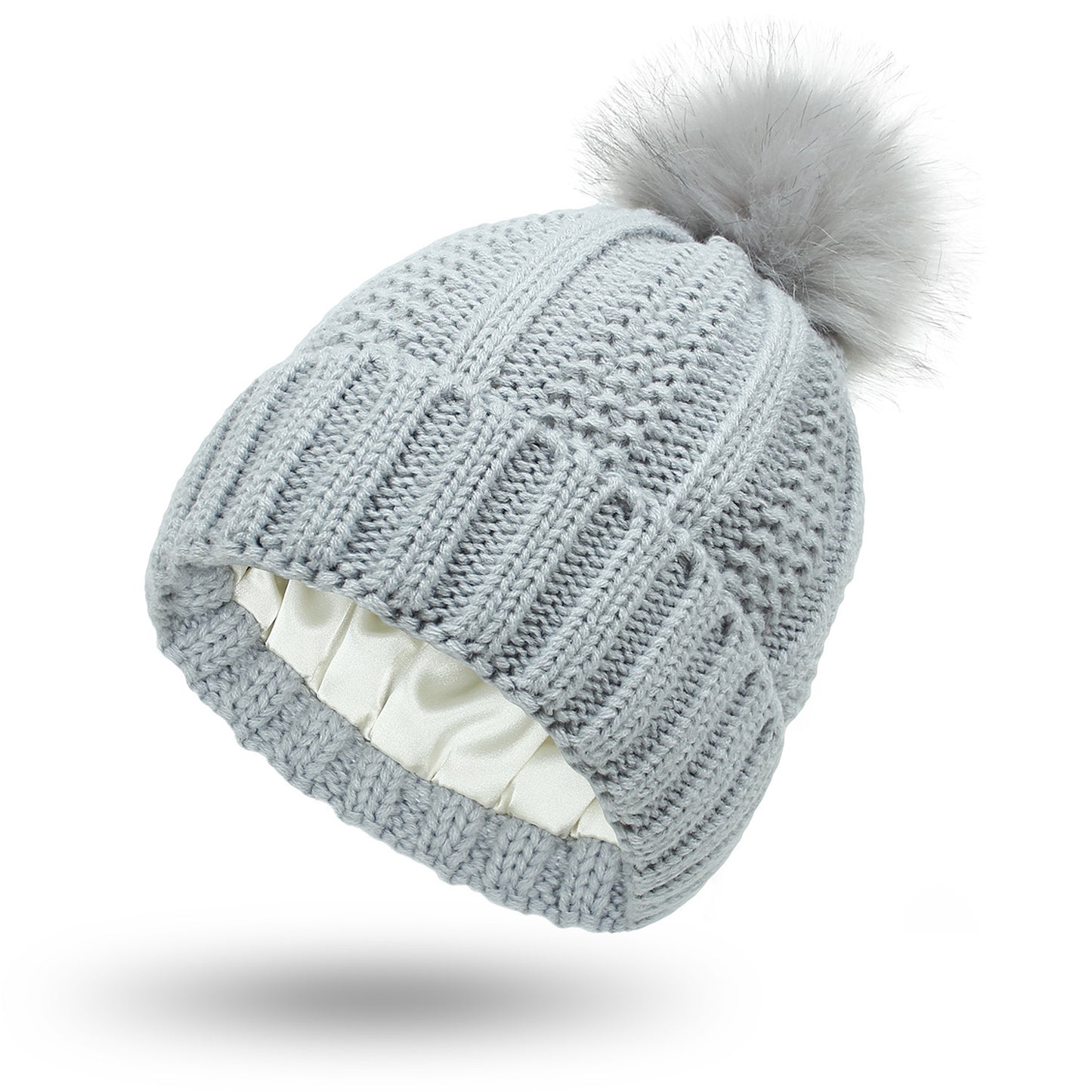 Fashion Stretchy Satin Lined Skull Knit Hats Beanie Hat - For Women Faux Fur Pom Pom Hat Beanie Hat
