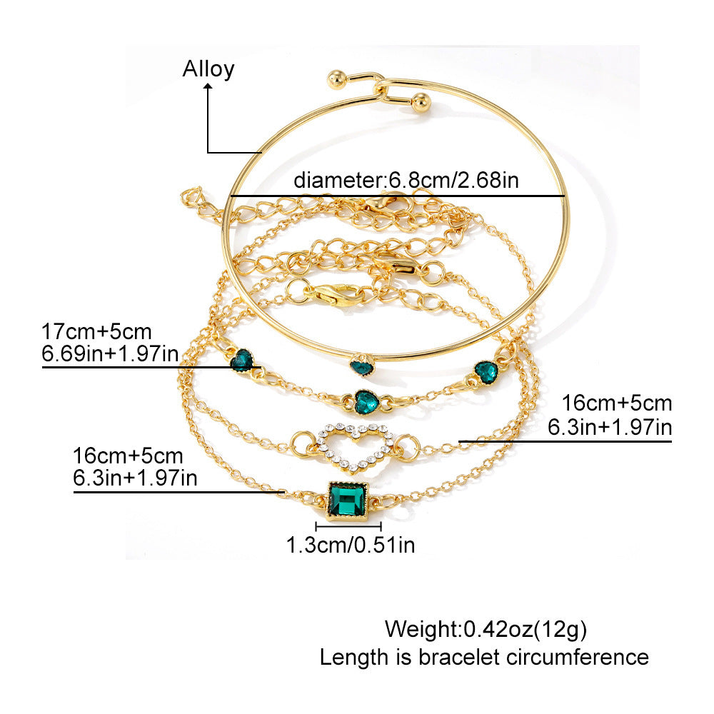Fashion Vintage Inlaid Lvzuan Square Bracelet – Retro Geometric Heart Design (4PCS Set)