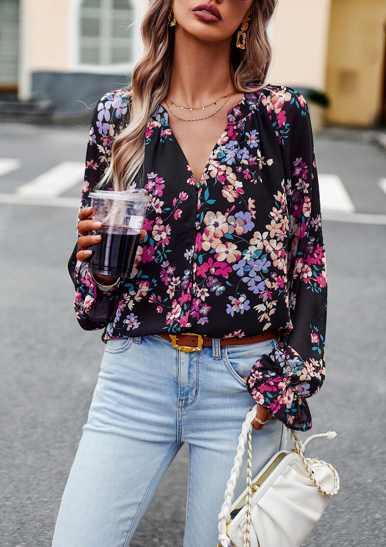 Women Floral Casual V Neck Long Sleeve Shirt - Loose Chiffon Blouses Shirts Tops