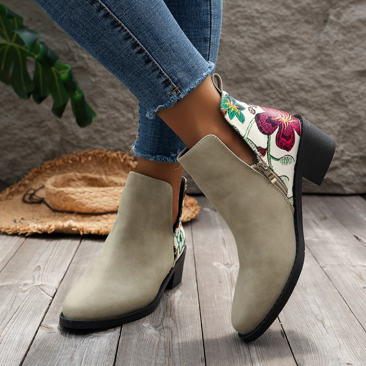 Flower-Printed Ankle Boots For Women