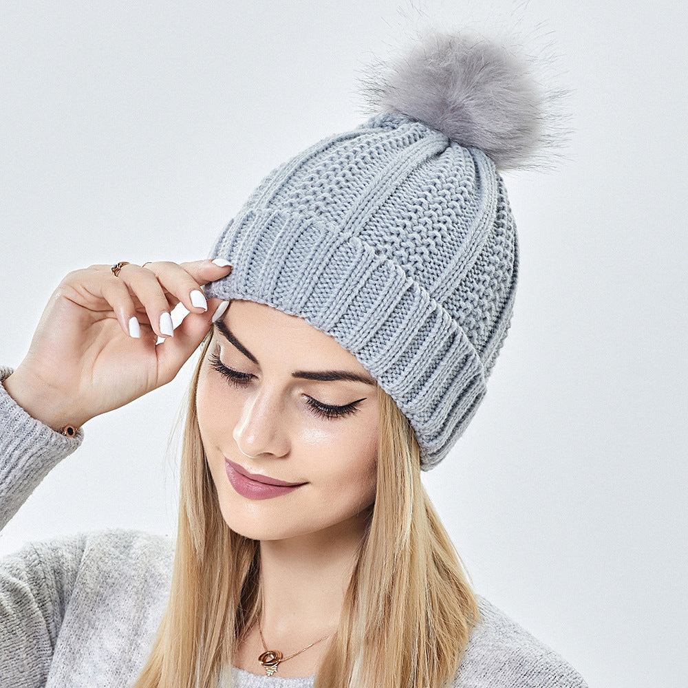 Fashion Stretchy Satin Lined Skull Knit Hats Beanie Hat - For Women Faux Fur Pom Pom Hat Beanie Hat