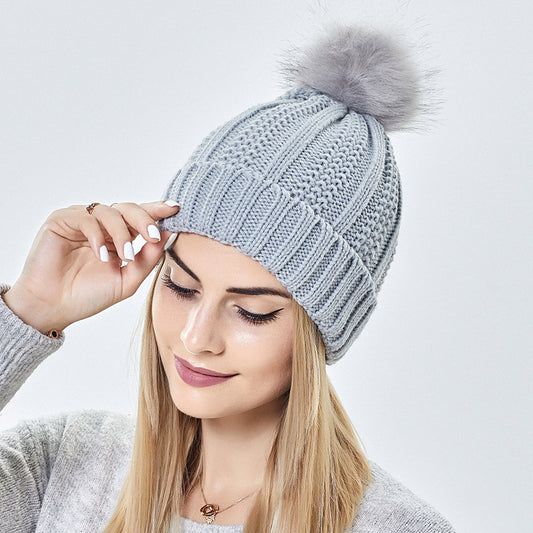 Fashion Stretchy Satin Lined Skull Knit Hats Beanie Hat - For Women Faux Fur Pom Pom Hat Beanie Hat