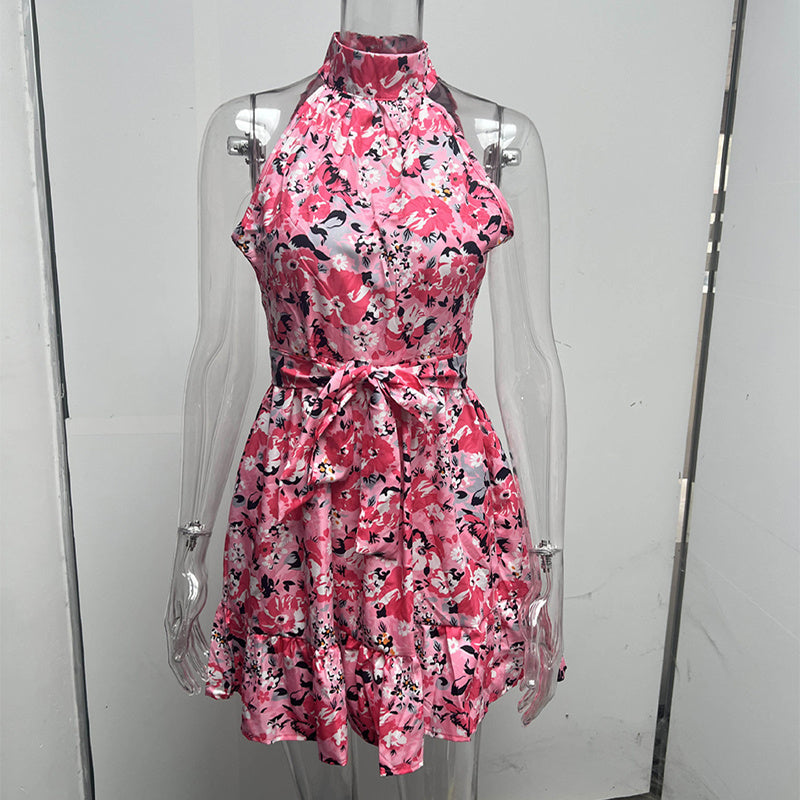 New Floral Print Halter Neck Summer Dress - Ruffled Dresses For Women