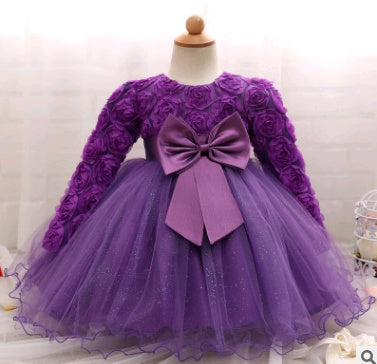 Long-Sleeved Girls Rose Dress - Children's Wedding Dress