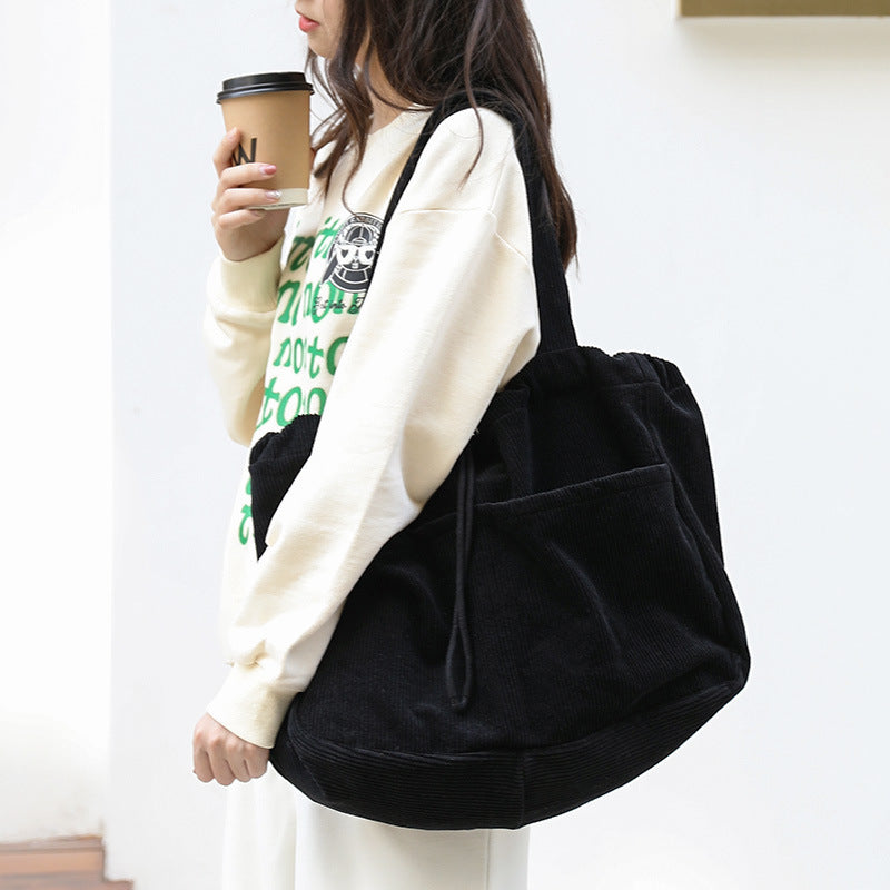 Corduroy Shoulder Bags - Drawstring Multi-pocket Handbag Women Underarm Bags