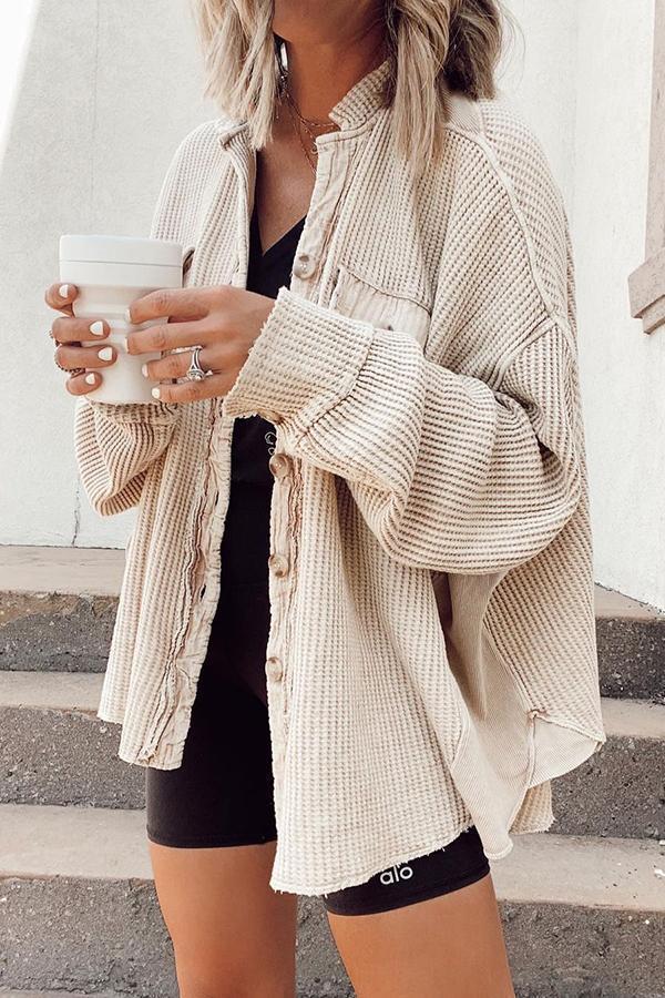 Women Button Shirt Jacket - Lapel Long Sleeve Fashion Jacket