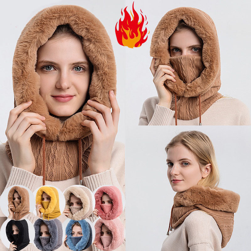 Winter Thick Plush Hat With Scarf - Windproof Warm Knit Hats Hooded For Women