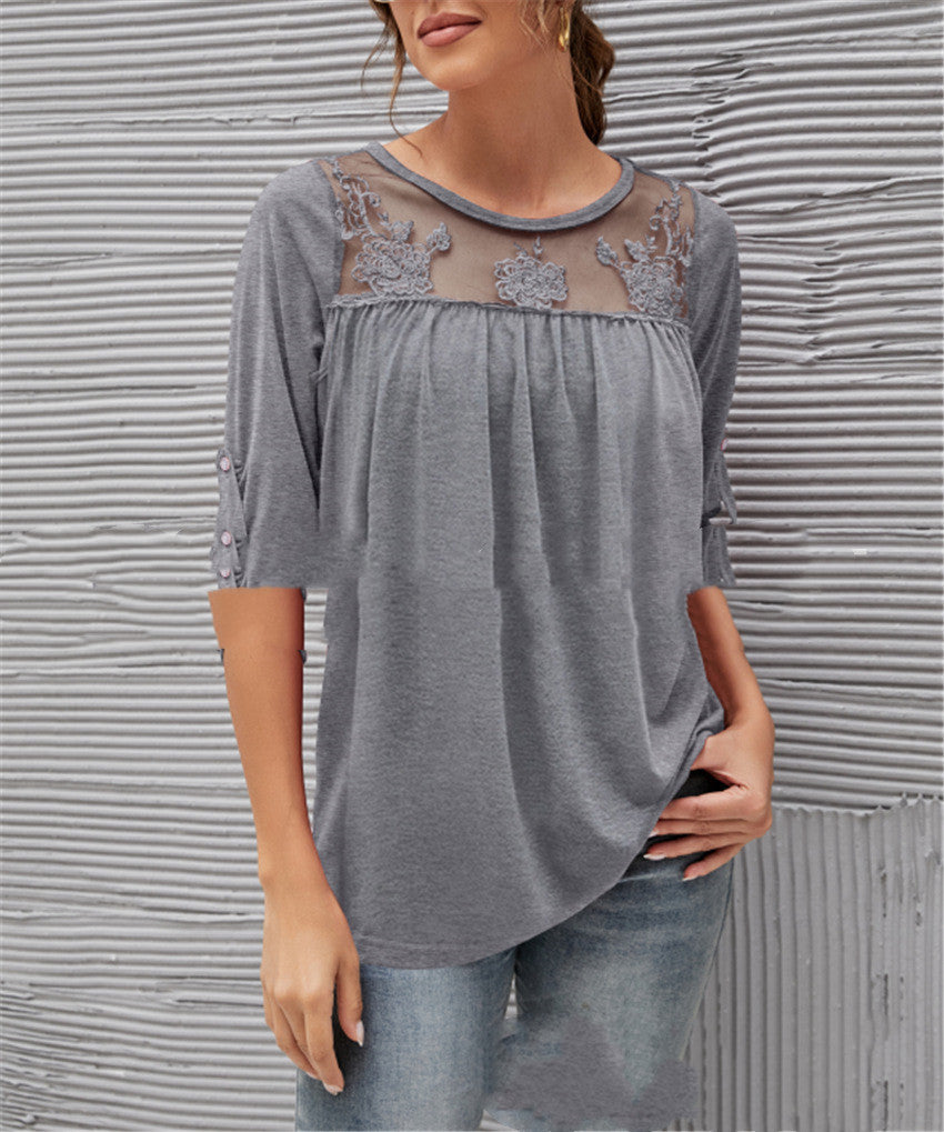 Lace Pleated Mid Sleeve Top
