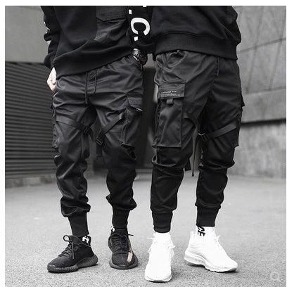 Men Black Hip Hop Cargo Pants - Elastic Waist Jogger Trousers, Sweatpants Pockets, Full Length Casual Fashion