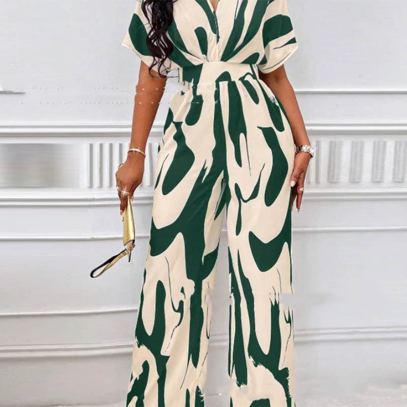 V-neck Loose Printed Long Jumpsuit - JumoShop