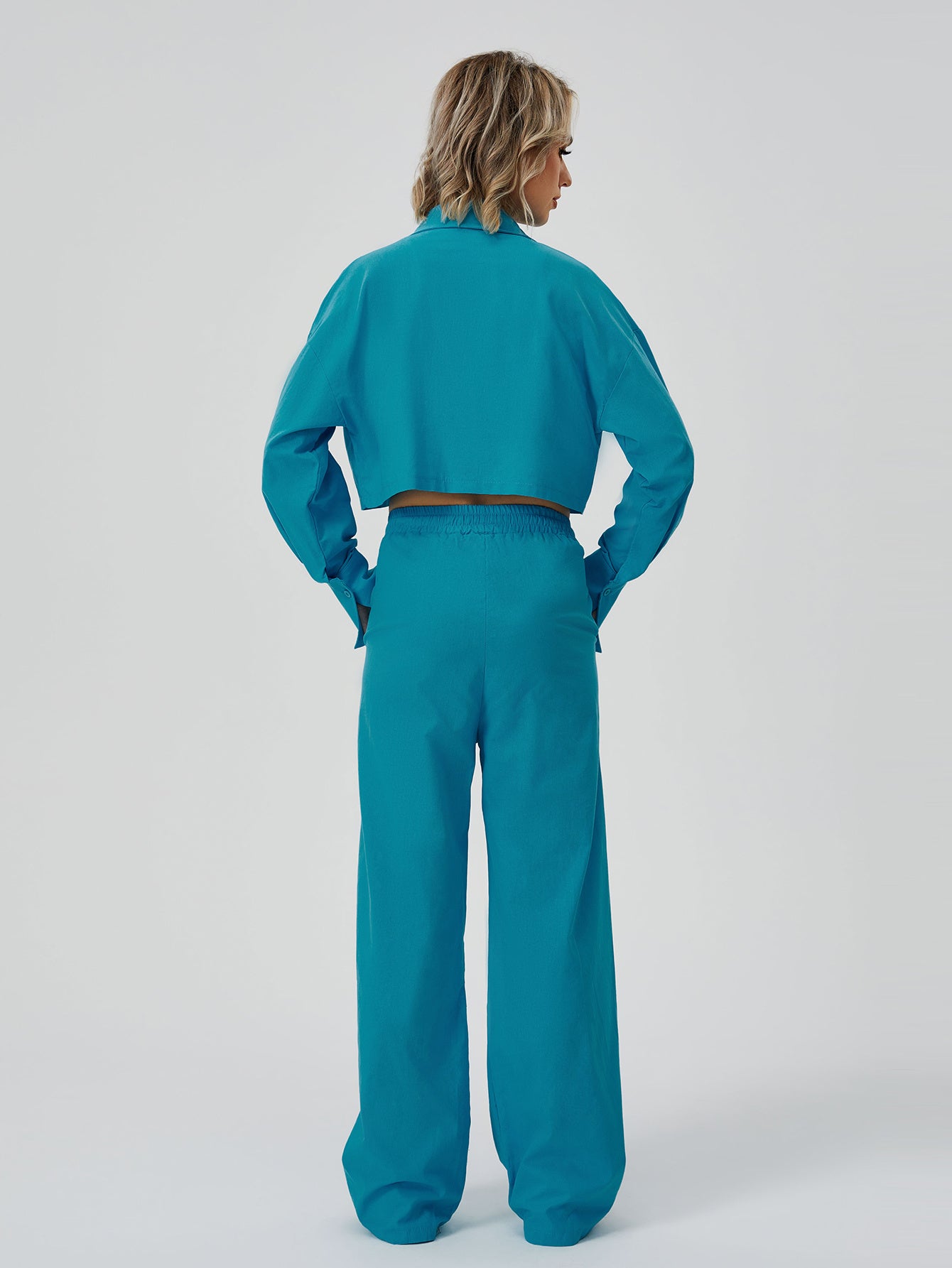 Women Two Piece Loungewear - Women Long Sleeve Button Down Wide Leg Pajama Set