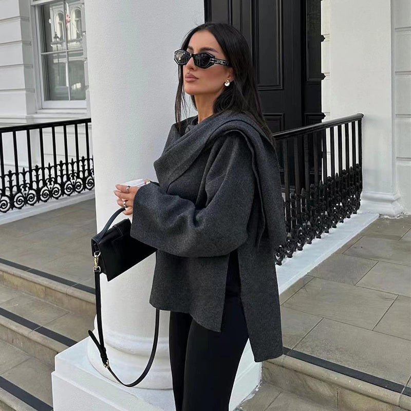 Solid Knitted Cardigan With Asymmetrical Scarf Design - Fashion Short Coat Women Overcoat Jacket Winter