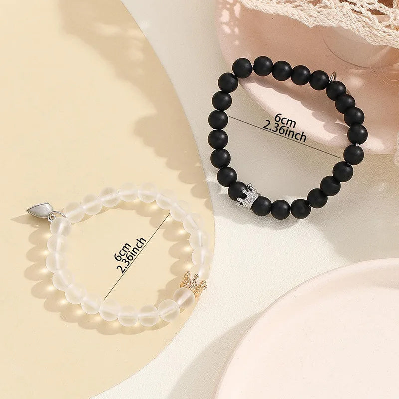2pcs Handmade Crown Beaded Charms Bracelet - Luminous Heart Glow In The Dark Couple Bracelet For Lover Men Women Fluorescent Gift