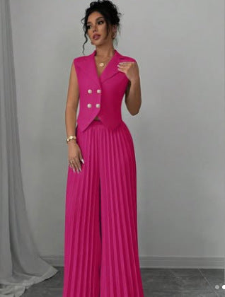 Summer Sleeveless Suit - Fashion Lapel Button Vest Top And Pleated Straight Pants Women's Trousers Set Clothing