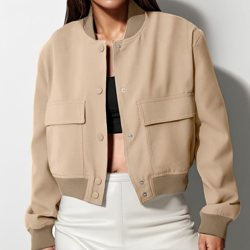 Stylish Stand-Collar Jacket – Trendy, Loose-Fit with Big Pockets!  Fashion Button Stand-collar Jacket With Big Pockets Casual Loose Short Outwear Tops Coat For Women Clothing - JumoShop